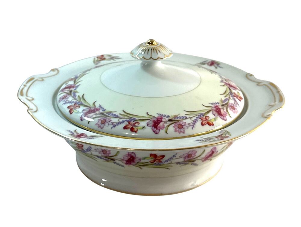 Vintage Aladdin Fine China Covered Serving Bowl Floral Occupied Japan Gold Trim